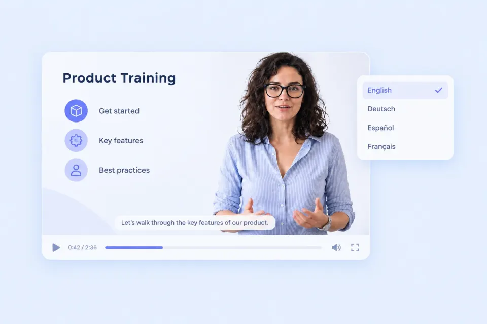 A product presenter alongside an English, German, Spanish, and French language selector