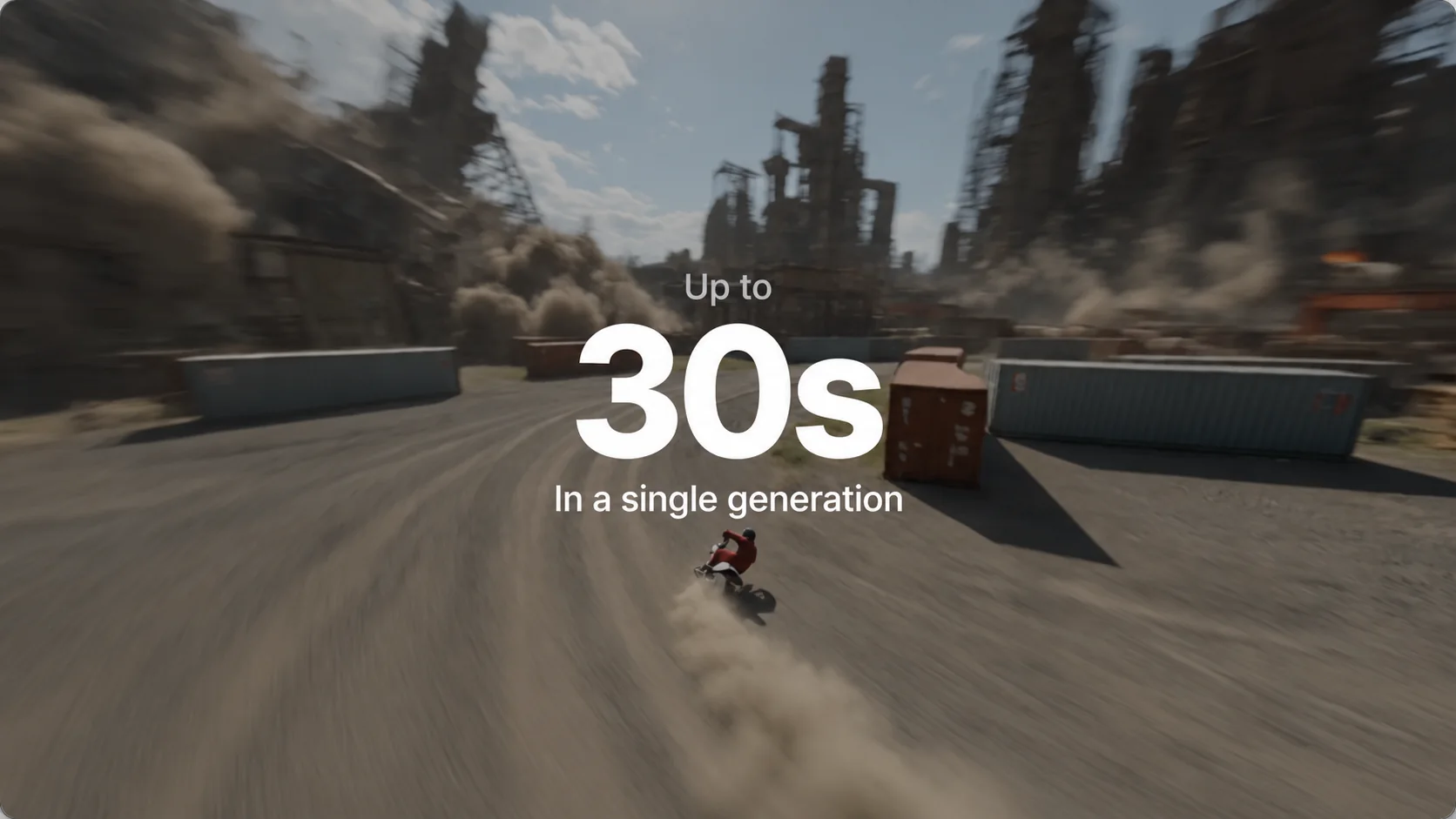 Kling 4.0 video generation up to 30 seconds, shown over a motorcycle action scene