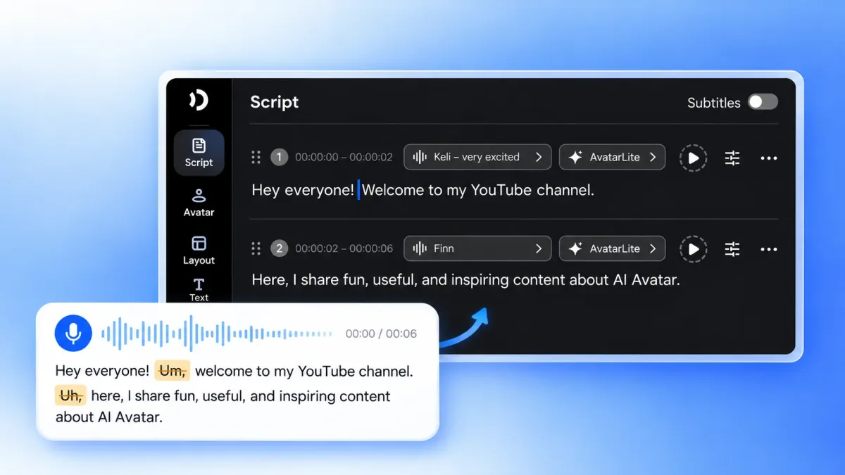 Voice narration transcribed into an editable script with filler words removed in the ai screen recorder