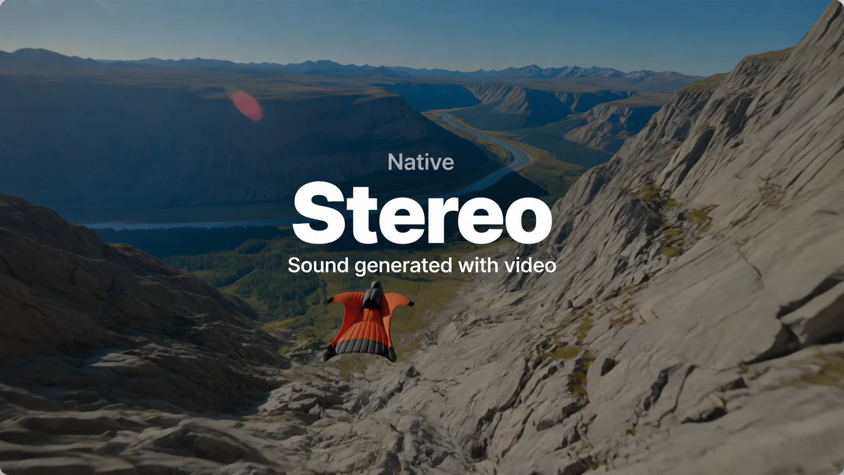 Kling 4.0 native stereo audio generation, illustrated with a wingsuit flight over a canyon