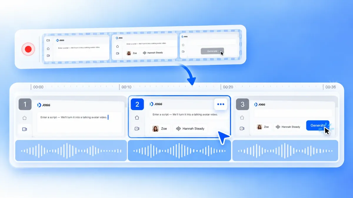 Screen recording divided into individual scenes with narration tracks in the ai screen recorder