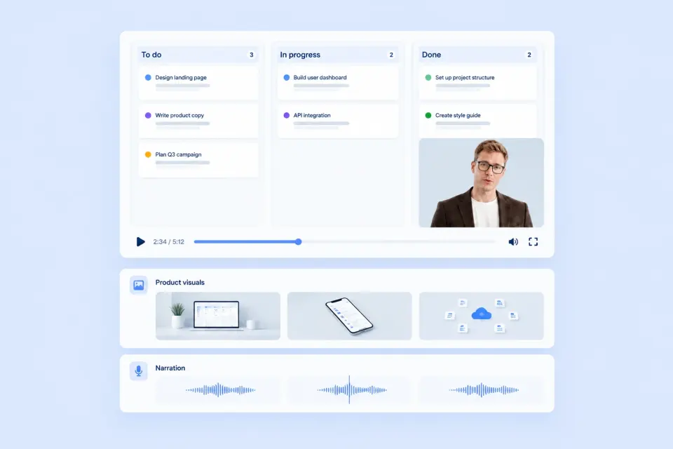 Product visuals and narration arranged in aligned sections beneath an AI presenter