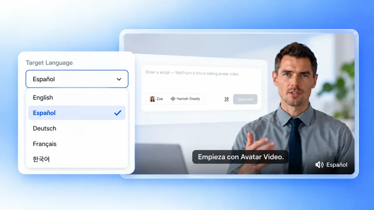 Spanish selected for a translated script and avatar voiceover in the ai screen recorder