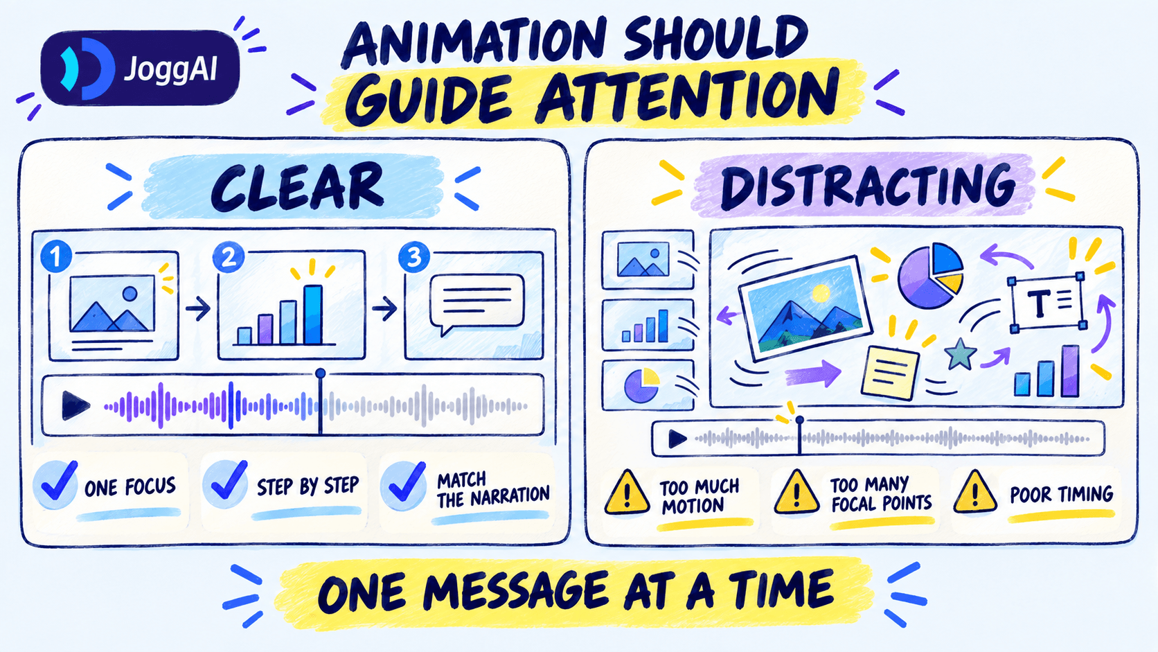 A hand-drawn comparison showing how focused, sequential presentation animation improves understanding, while excessive motion, competing focal points, and poor timing distract viewers.