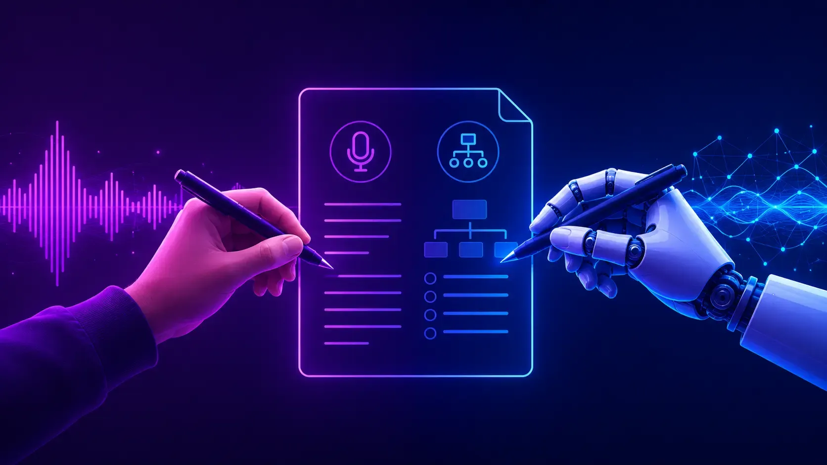 Hand writing on a script beside a robotic hand with AI symbols, illustrating AI assistance in writing podcast scripts.