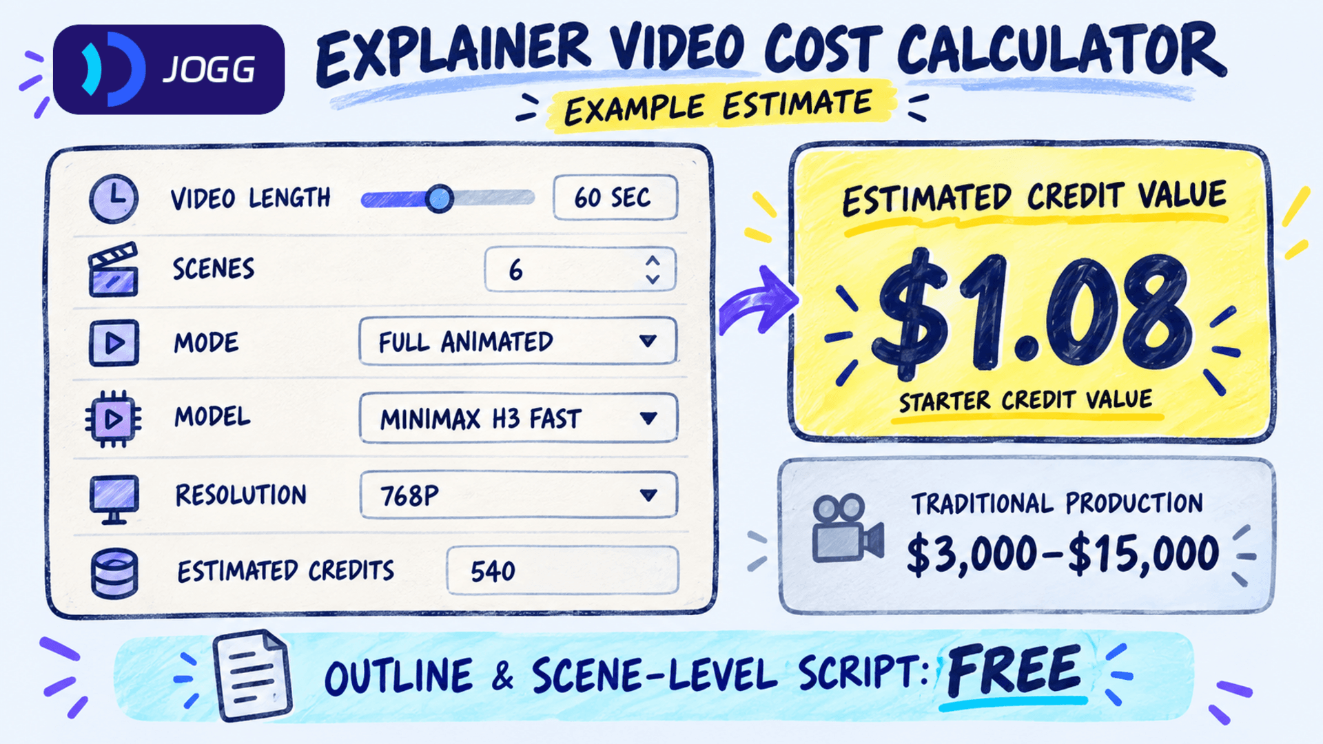Hand-drawn explainer video cost calculator estimating 540 credits and $1.08 for a 60-second JoggAI video.