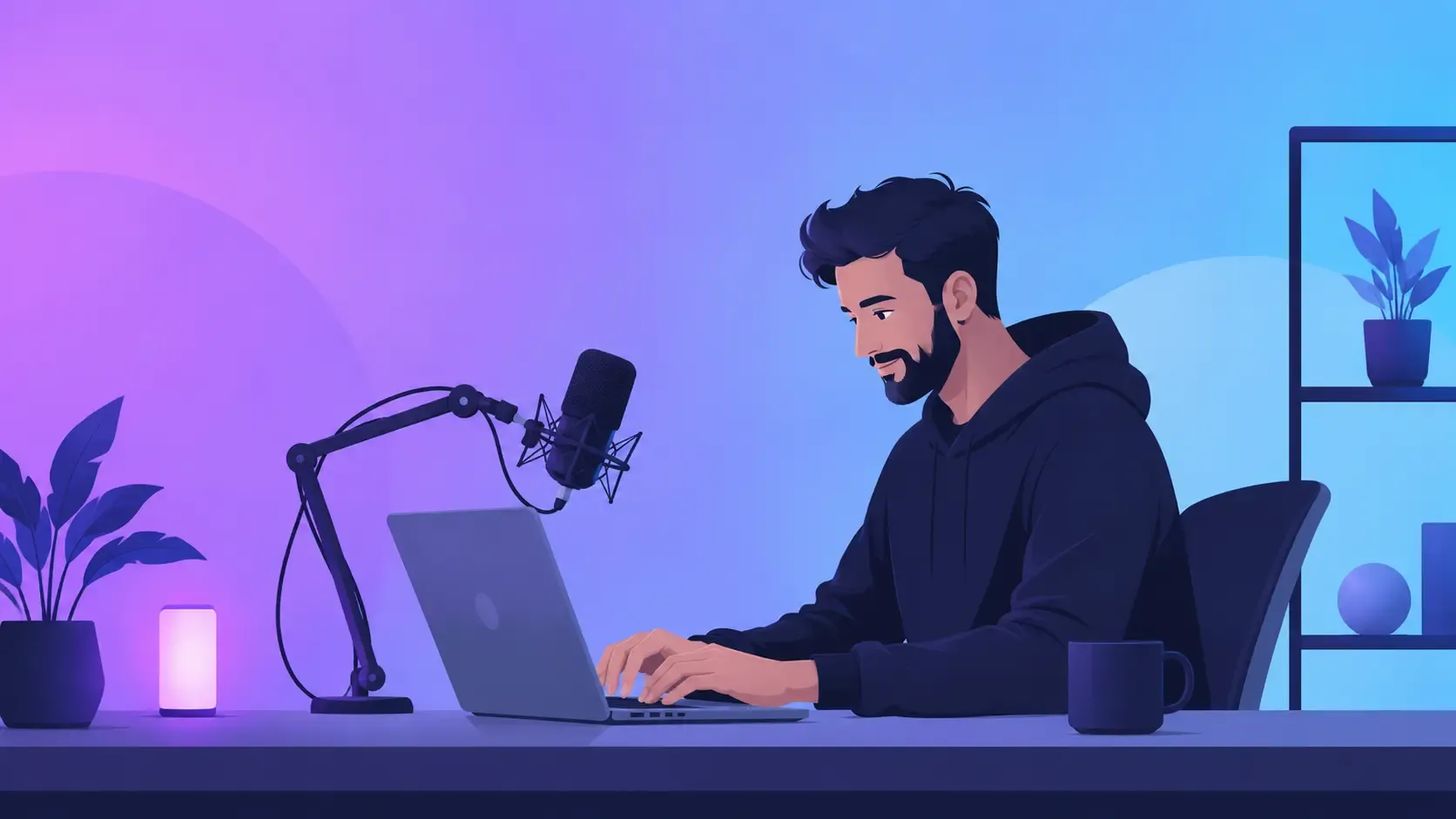 A male podcaster recording at a desk with a laptop and microphone, demonstrating how-to-write-a-podcast-script setup.