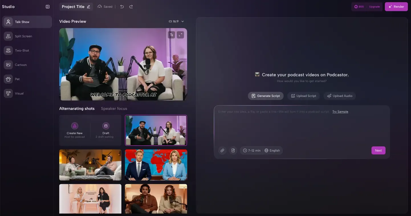 AI podcast generator interface showing upload audio, select template, and generate podcast video options for solo or two-person podcasts.