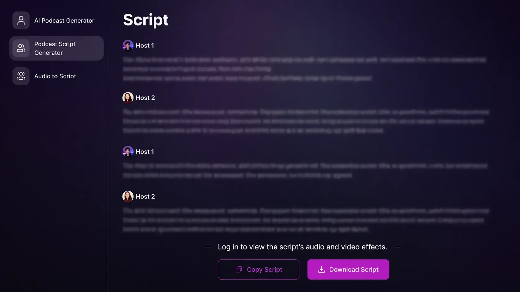 Screenshot of AI platform converting podcast audio into editable script with video preview and multiple hosts options.