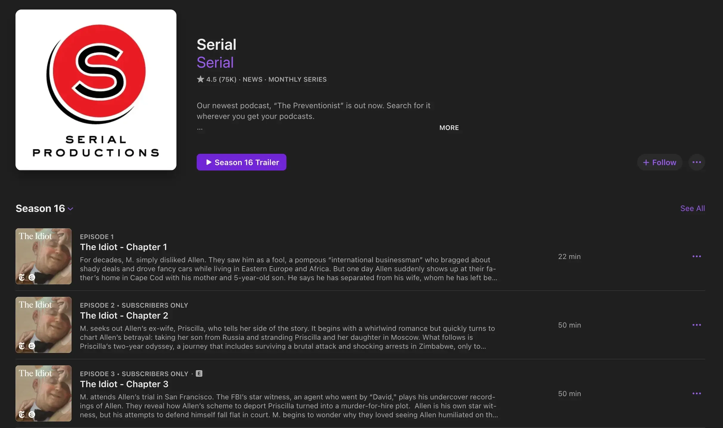 Screenshot of “Serial” podcast on Apple Podcasts, showcasing a popular true crime show used as a reference
