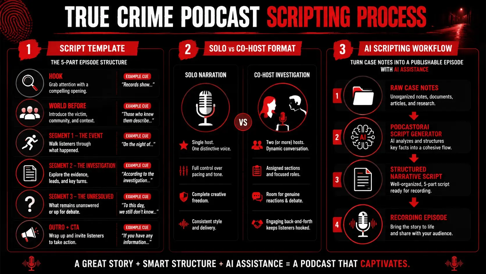 Illustration of AI-assisted podcast scripting for true crime, showing raw notes, script generator, solo/co-host script, and audio/video episode creation